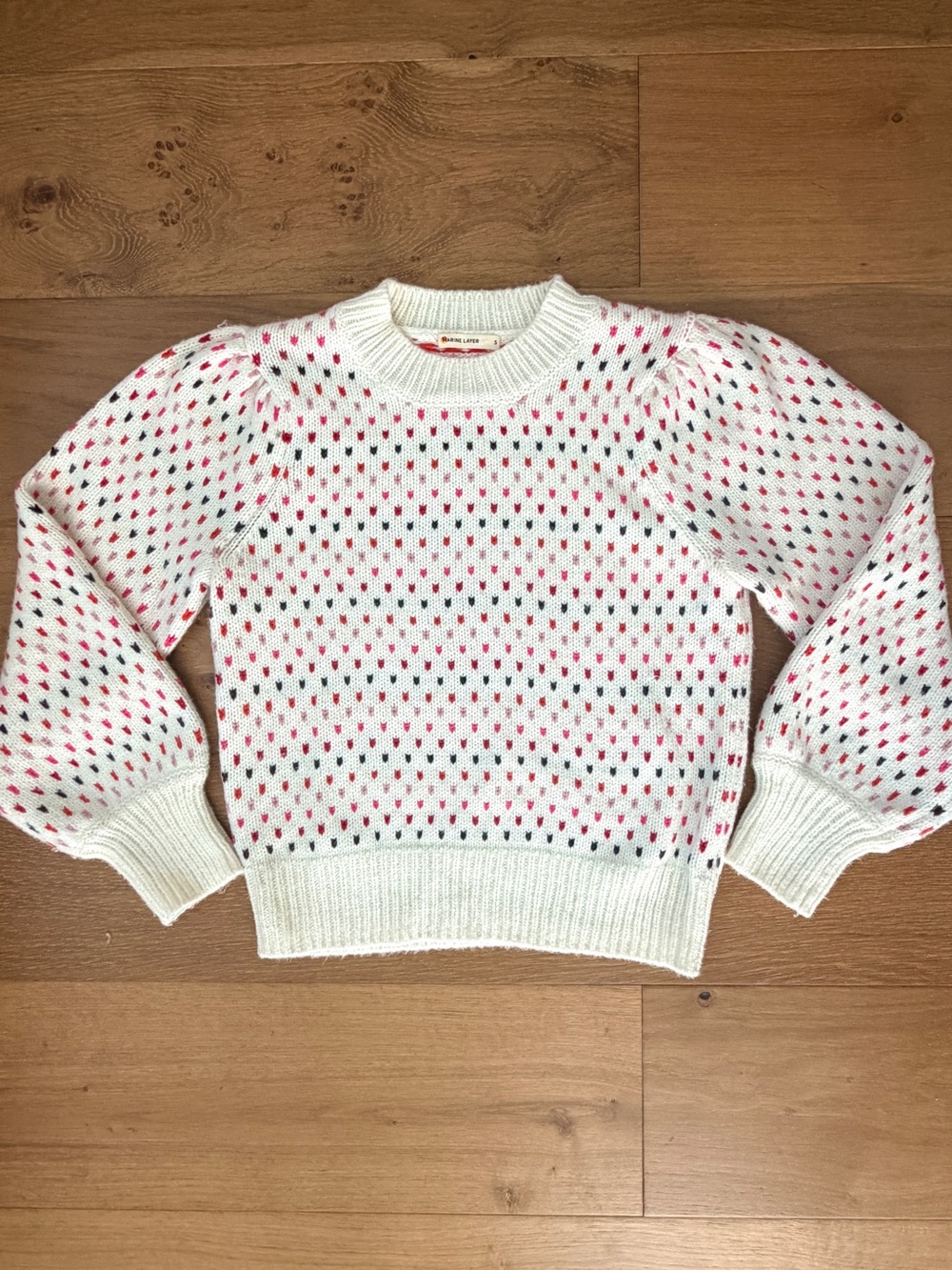Marine Layer Alma Puff Sleeve Heart Sweater Jacquard Cream Coquette Preppy Small